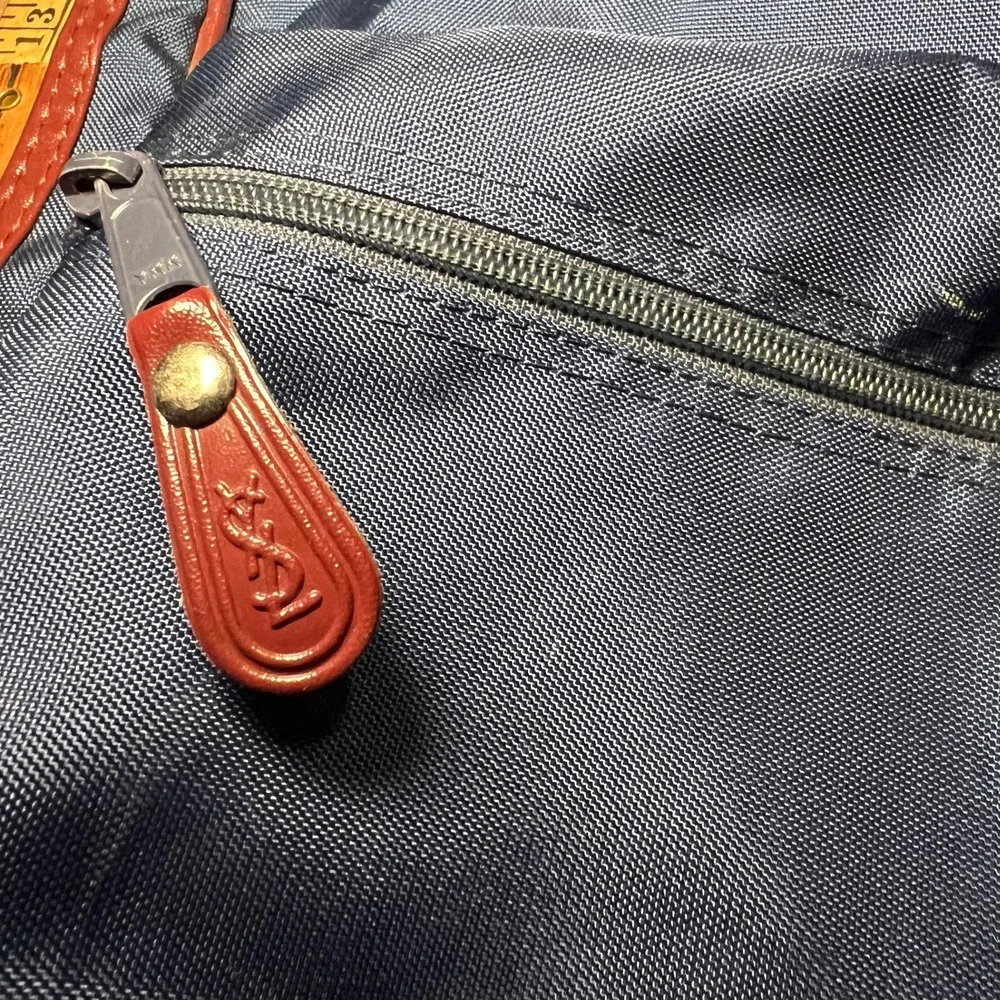 VTG Yves Saint Laurent Garment Suit Bag YSL Navy Blue Leather Travel USA GUC 90s